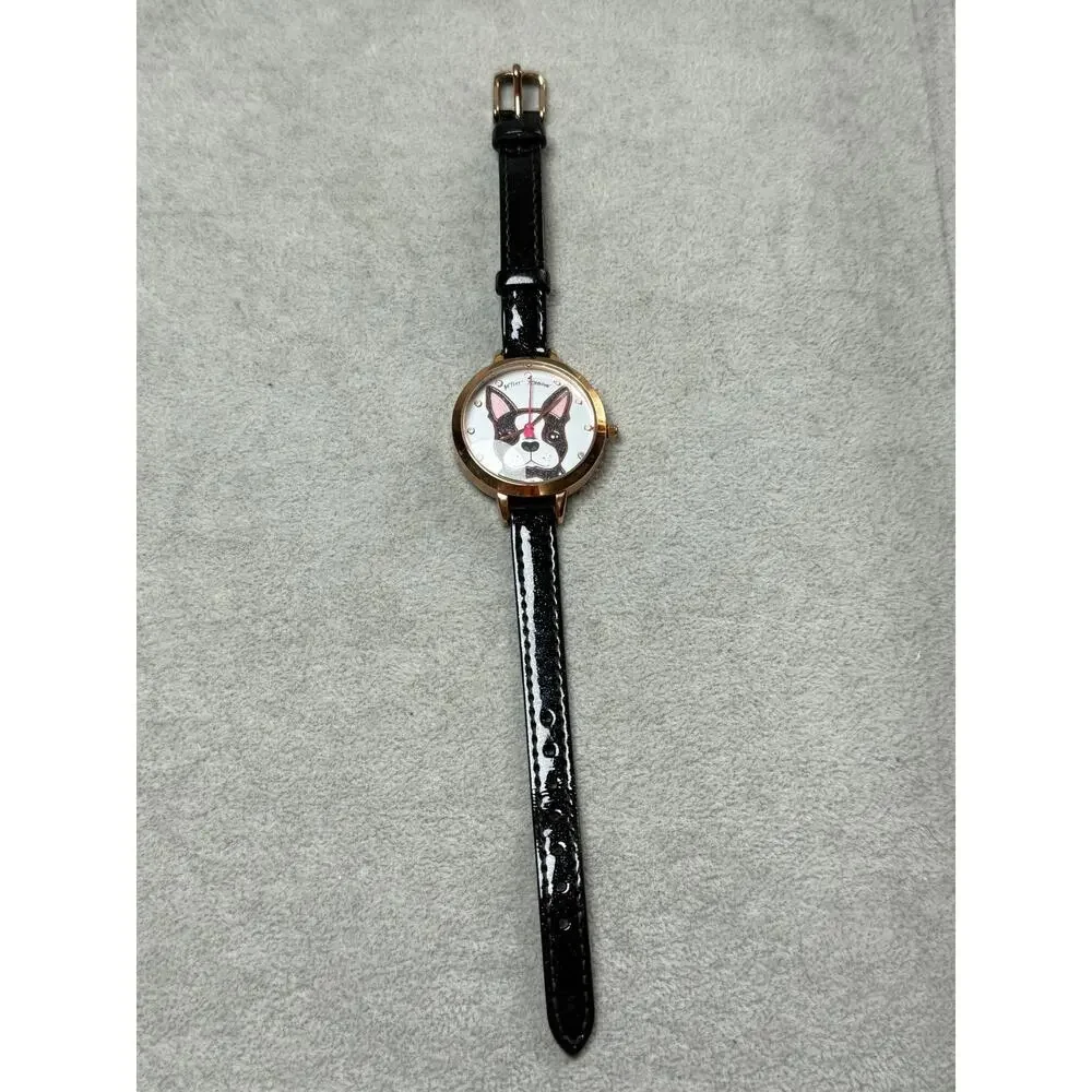Betsey Johnson French Bulldog Frenchie Watch Gold Tone New Battery Works Black - Picture 4 of 7